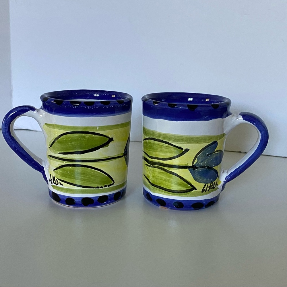Mugs Made in Italy Hand painted Pottery pair Blue floral Manufacturer Flaw 3.5”